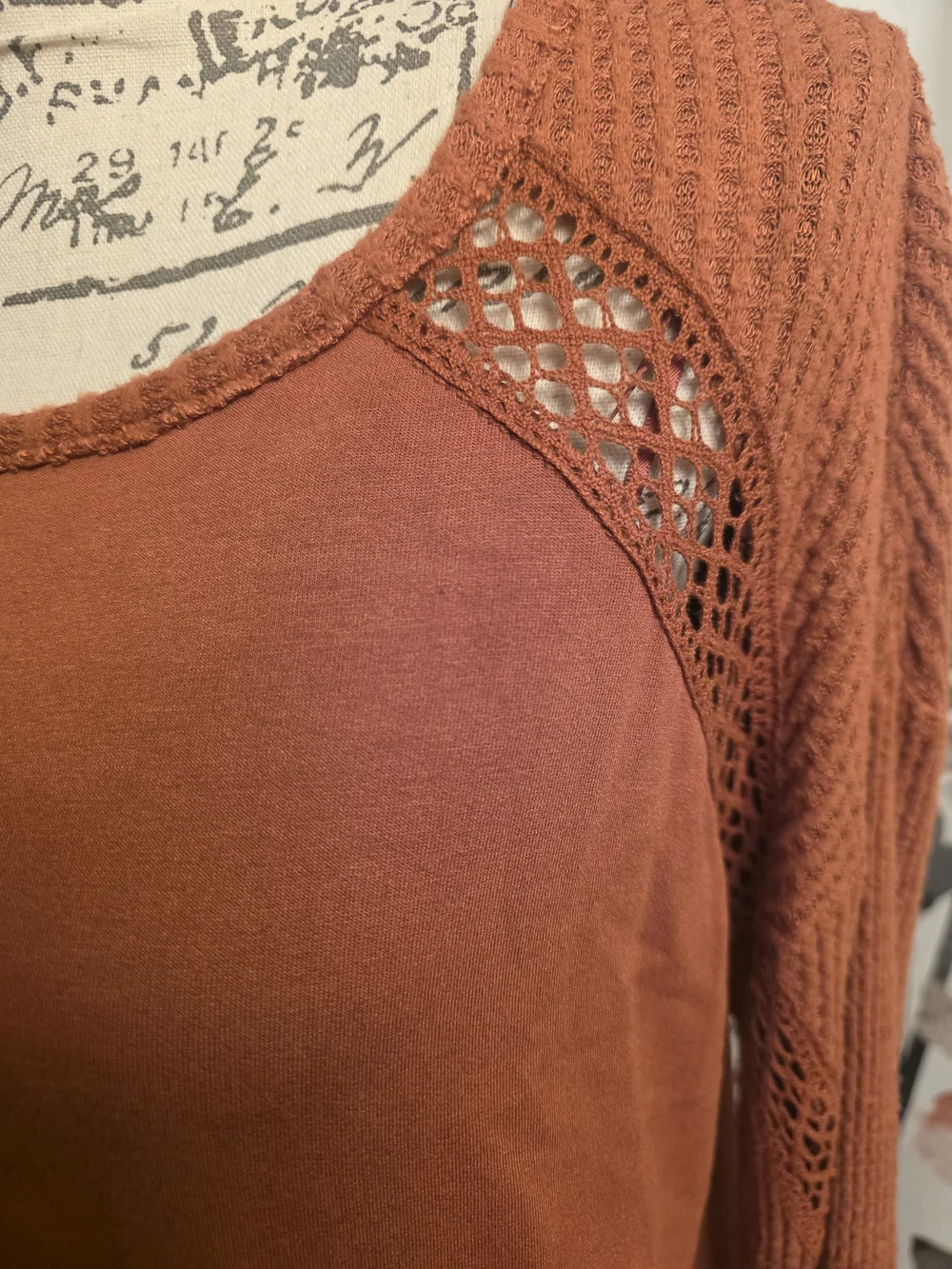 KNOX ROSE Women's Rust Crochet-Sleeve Pullover Top M Euc
